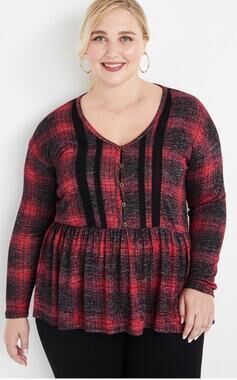 Maurice's Women 2x Red/ Black Holiday Plaid Babydoll Flowy Stretch Blouse  NEW!